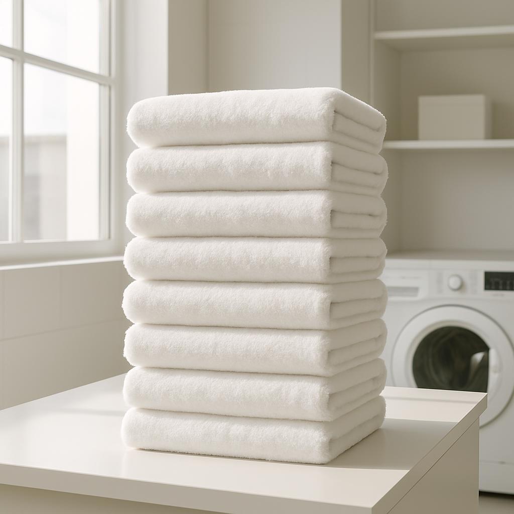A stack of white towels on a table in front of a washing machine.