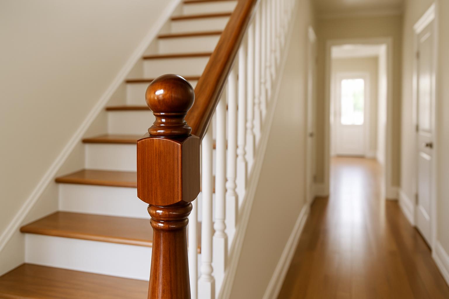 A hallway with a staircase along the left wall and a door at the end, featuring a wooden banister extending nearly downwar...